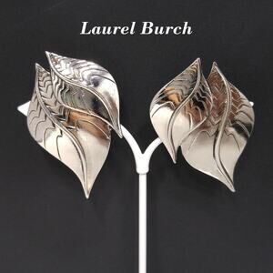 Laurel Burch Two Leaves Clip Earrings, Rhodium Plated, 1980s Vintage Jewelry